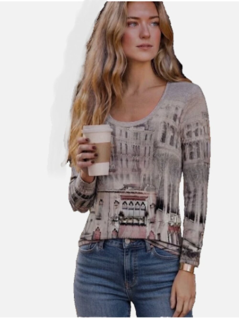 Karen Kane City Print Long-Sleeve Scoop Neck Knit Lightweight Top M Gray & Cream